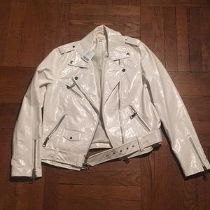 Faux white patent leather motorcycle style jacket